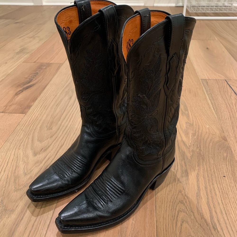 Lucchese Black Cowhide Leather Cowboy Boots